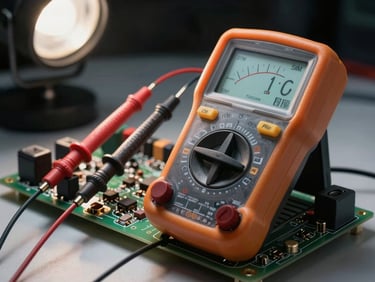 Multimeter probes on power supply PCB terminals, meter display showing voltage reading, bench lighting overhead, component traces visible in sharp focus