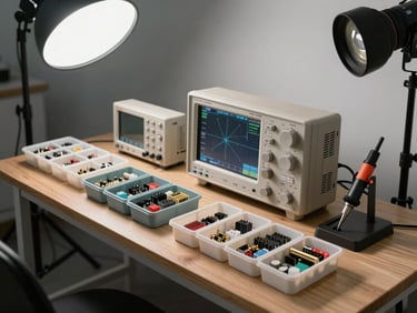 Organized bench view from above showing oscilloscope screen, component bins, and soldering iron resting on holder, sharp overhead studio lighting