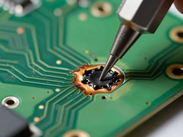 Extreme close-up of a burnt PCB trace on a green circuit board under work light, probe tip pointing at the damaged area, clear focus on the char mark and copper track