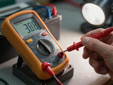 Close-up top-down shot of a multimeter probe touching a UPS battery terminal on a workshop bench, meter display showing low voltage reading, studio work-light illumination, sharp diagnostic clarity