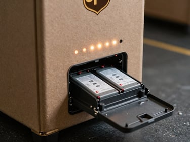 Close-up of UPS unit front panel with indicator LEDs lit, battery compartment open slightly, shot under sharp bench work light on dark surface