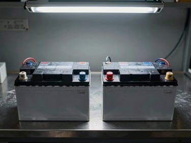 Top-down shot of two sealed lead-acid UPS batteries side by side on a metal workbench, terminals labeled, work-light overhead, no clutter — clean diagnostic environment