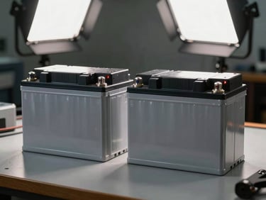 Two sealed lead-acid UPS replacement batteries side by side on a workbench, overhead studio lighting, terminal connectors visible