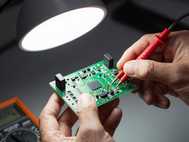 Close-up of hands holding a power supply PCB under bright bench lamp, multimeter probes visible at transformer pins, sharp focus on solder joints and component markings