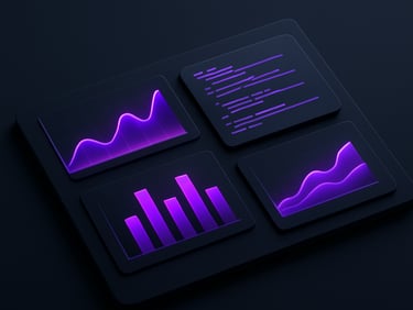 An isometric dark-mode software interface mockup, glowing purple data graphs and clean code blocks, high-contrast 3D render.