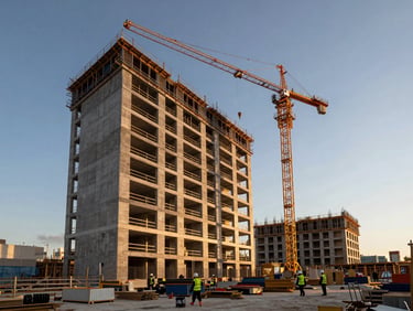 Low-angle shot of a meticulously organized, active construction site with a modern commercial building frame, cranes, and workers in safety gear under a crisp twilight sky.
