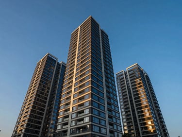Wide-angle architectural shot of a modern, newly redeveloped high-rise building at golden hour, sharp geometric lines, deep blue sky, low horizon.