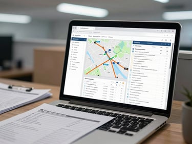 Laptop screen displaying a CRM interface with route maps and dispatch queue tables, placed on a logistics office desk with printed manifests visible, cool fluorescent lighting