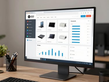 Wide desktop monitor on a clean office desk showing a polished e-commerce dashboard with product listings and order graphs, neutral office lighting, tight crop on screen detail