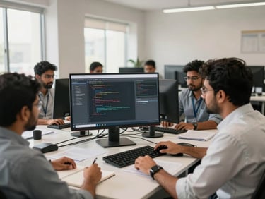 Wide-angle view of a software team in a Pakistani office reviewing code on a large monitor, neutral daylight from windows, documentation visible on desk, no posed smiles