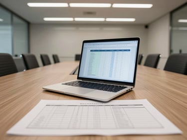 Wide-angle view of a conference room in a modern Pakistan office, laptop open on a project timeline document, printed deliverable checklist on the table under neutral fluorescent light, no people visible
