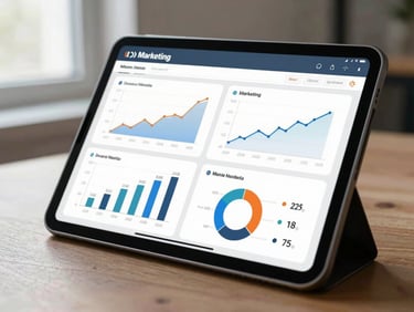 Close-up of a tablet propped on a desk showing a digital marketing analytics dashboard with campaign performance charts and ROI metrics, studio daylight from a side window