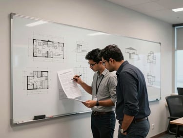 Conference room in a modern Lahore office, whiteboard covered in architecture diagrams, two people leaning over printed documentation, neutral overhead lighting, no camera-facing poses