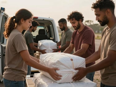 Diverse volunteers loading relief packages into a transport vehicle under soft morning light, authentic and unposed, rich earth tones.