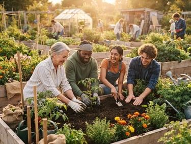 A sunlit community garden with diverse volunteers working side-by-side, soft golden-hour natural light, warm editorial photography, 35mm