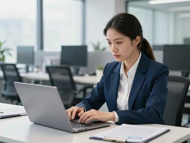 Focused professional completing an online compliance assessment on a laptop, clean corporate office environment, sharp focus
