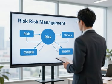 A professional corporate instructor explaining risk management charts on a digital screen, bright studio lighting, professional editorial
