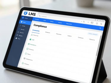 Clean close-up of a digital LMS compliance dashboard on a modern tablet, bright natural office daylight, cool slate tones