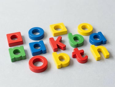 Brightly colored educational wooden toys neatly arranged on a light gray surface