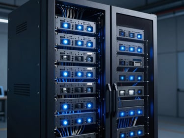 High-density server rack enclosure, glowing blue and white LEDs, structured cabling, cool-toned industrial studio lighting
