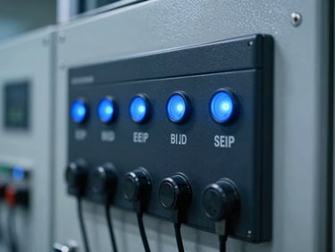 Close-up of a wired industrial control panel, blue indicator lights, clean-room assembly, cool high-contrast lighting, macro technical detail