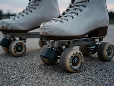 Extreme close-up of worn roller skate wheels and grind plates on a textured concrete surface, moody twilight, gritty film photography.