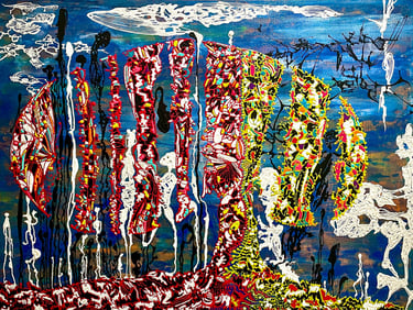 Vibrant abstract mixed media painting with colorful textured shapes and white outlines on a blue background.