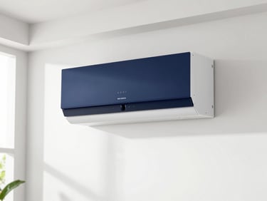 Sleek ductless mini-split unit mounted on a pristine wall in a modern living room, bright interior lighting, deep navy and crisp white tones.