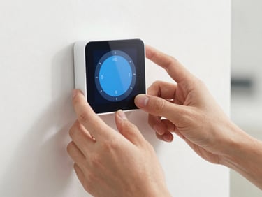 Close-up of clean hands adjusting a sleek smart thermostat on a white wall, bright natural lighting, modern tech-forward aesthetic