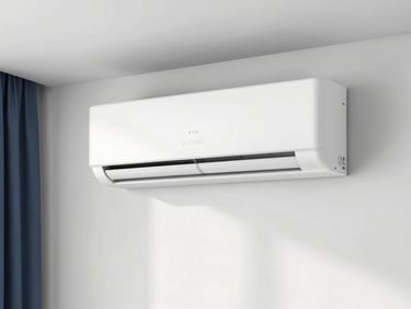 Sleek modern wall-mounted mini-split air conditioner in a well-lit upscale bedroom, crisp white tones, deep navy accents in the decor, commercial photography