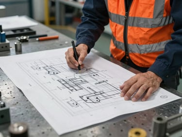 Technical blueprint laid out on a metal workbench in a factory, hands of engineers in safety gear reviewing diagrams, high-contrast cool tones