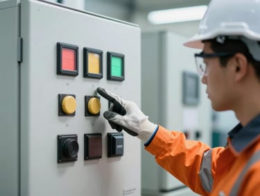 Close-up of an industrial safety engineer pointing at a machine control panel, wearing safety glasses and protective gloves, sharp natural light, safety orange accents