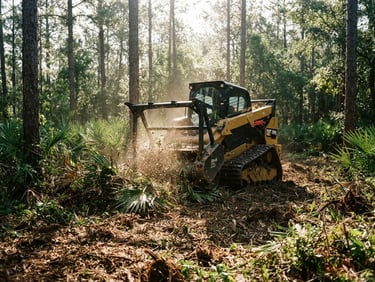 Low-angle shot of a heavy-duty forestry mulcher clearing dense palmetto scrub under morning sunlight filtering through pine trees, wood chips flying, 35mm film.
