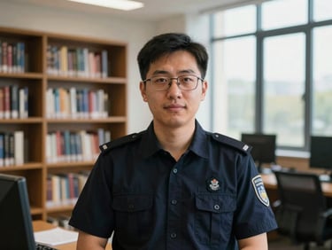 Focused portrait of a security researcher in a modern policy institute library, soft window light, deep navy tones, editorial documentary style
