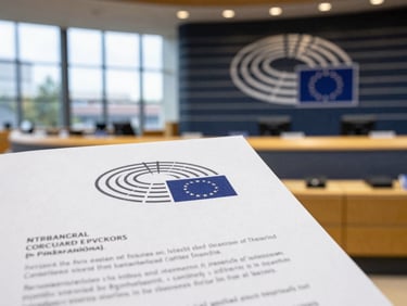 Close-up of diplomatic documents and architectural details of a modern European parliament building, soft natural light