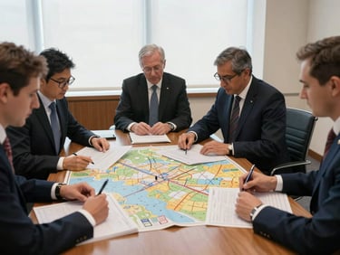 Wide-angle environmental shot of diplomatic delegates analyzing security maps on a wooden table, soft natural window light, editorial documentary style