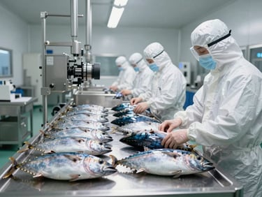 Wide angle of sterile stainless steel processing lines in Pasuruan, clean-room environment, workers in protective gear handling fresh tuna, cool clinical lighting.