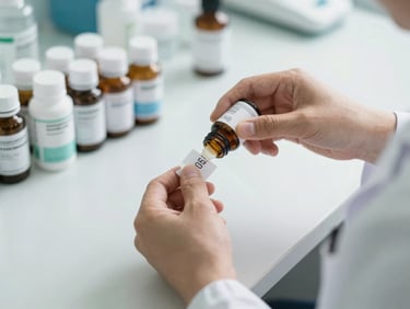Pharmacist's hands carefully transferring prescription labels and medication bottles, bright natural daylight, clean clinical photography, 50mm lens