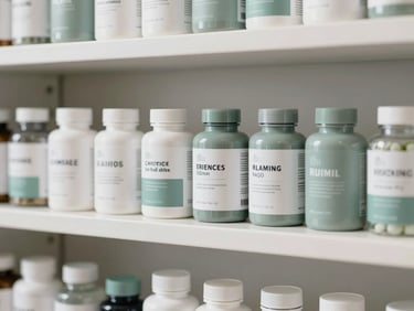 Organized display of authentic, clearly labeled supplement bottles on clean shelves, soft sage and slate tones, bright natural daylight, 50mm lens