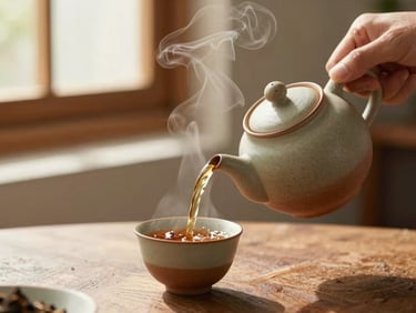 Close-up of hands pouring steaming amber tea from a rustic ceramic teapot into a matching cup, soft warm afternoon window light, earthy terracotta tones, shallow depth of field, 35mm