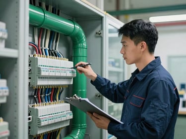 Medium shot of an engineer inspecting electrical conduits and wiring in a building's utility room, with a clipboard in hand, clean and organized industrial environment.