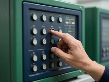 A close-up of an engineer's hand adjusting settings on a building management system (BMS) interface, deep green and navy tones, sharp focus, 35mm lens