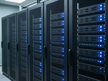 Modern, clean data center server racks with soft blue operational lights, showing efficiency and reliability, cool natural facility lighting