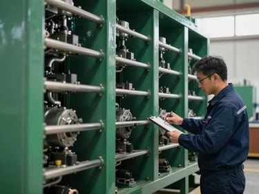 Detailed view of a large industrial chiller unit, with an engineer performing a routine inspection, focused on mechanical components, soft natural light.