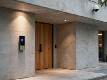 Wide interior shot of a modern entryway with a flush-mounted access reader on a concrete wall, overhead recessed lighting activating above a timber door, CCTV dome camera visible in upper corner framing the threshold, neutral ambient light filling the corridor