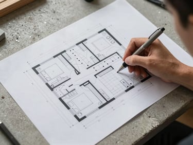 Overhead shot of an architectural floor plan drawing laid flat on a concrete work table, a hand holding a technical pen marking sensor placement points, cable routing annotations visible alongside the drawing. Natural daylight from above. Documentary, planning context.
