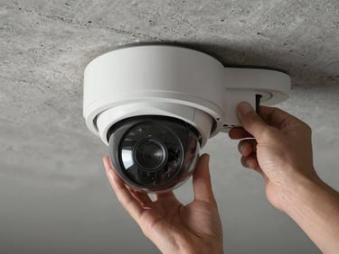 Close-up overhead shot of a CCTV dome camera being mounted to a concrete ceiling by a technician's hands, crisp studio lighting revealing the camera housing and cable routing bracket, raw concrete texture visible in the background