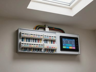 Overhead wide shot of a smart home control panel mounted flush on a painted wall, showing neatly labeled circuit modules and a touchscreen interface, overhead natural light from a skylight above, wiring runs organized in cable management tracks visible at the panel edge