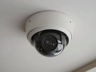 Overhead close-up of a dome CCTV camera mounted flush against a white suspended ceiling, mounting bracket and cable entry point visible, adjacent room visible through the camera lens reflection. Neutral overhead ambient light. Technical, documentary.