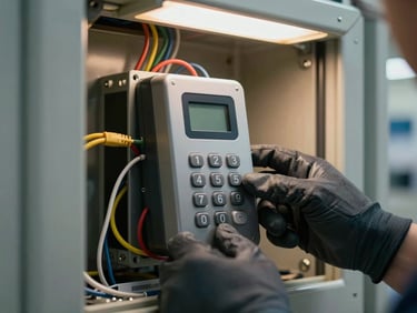 Close-up of a digital access control keypad being wired into a door frame by a technician's gloved hand, structured cabling visible behind the mounting plate, overhead workshop lighting, steel door frame in the background